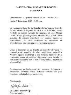 Fundación Santa Fe emite comunicado sobre estado de salud de Miguel Uribe Turbay